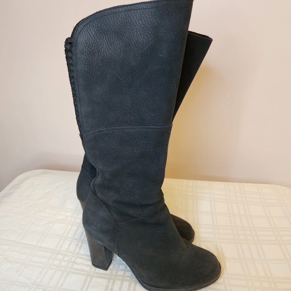 Timberland black suede tall boots heels 8 braid detail